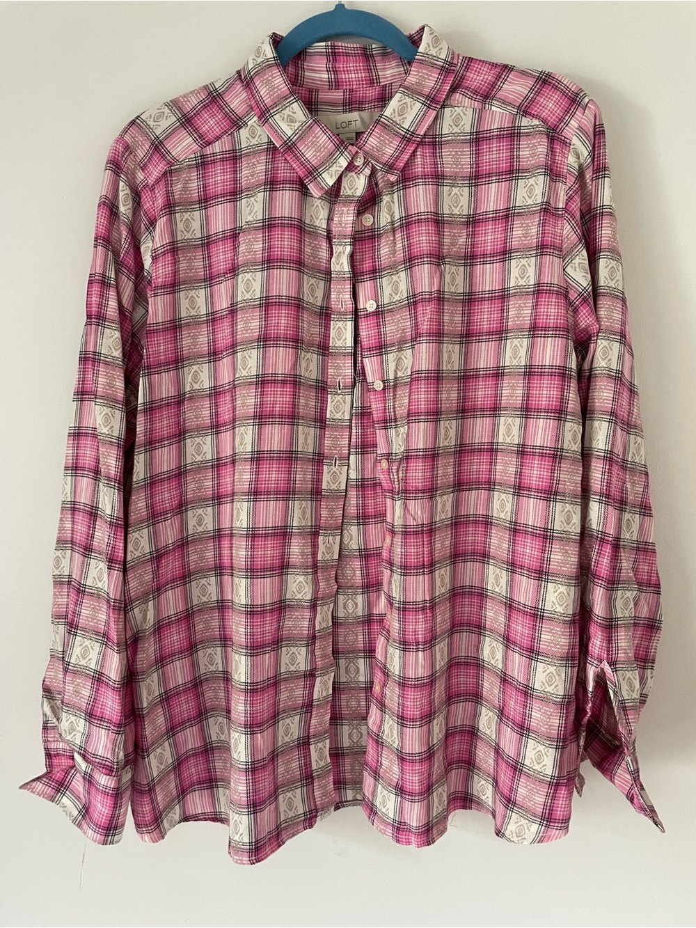 LOFT Pink White Plaid Mixed Geometric Print Cotton Button Down Shirt XL